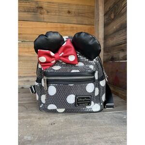 Loungefly Disney Minnie Mouse Sequins Polka Dot Black White Red Mini Backpack